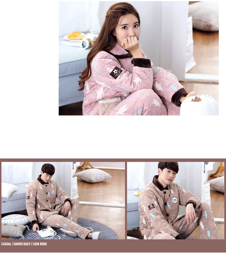 Bộ đồ ngủ mùa đông nữ cotton Hàn Quốc Bộ đồ ngủ dày ba lớp cotton cộng với cotton mùa đông ấm áp đặt áo khoác nam đồ bộ nữ mặc nhà