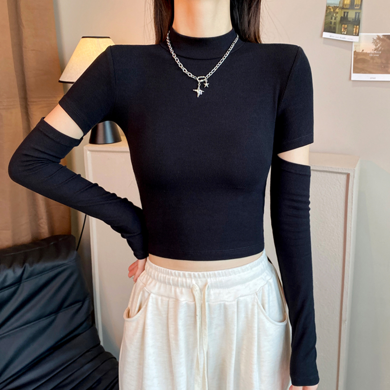 Knitted Black Half-High Collar Base Shirt for Women, Spring and Autumn Inner Wear, Crop Top, Tight-Fitting Short Design, Long-Sleeved T-Shirt Knitted Black Half-High Collar Base Shirt for Women, Spring and Autumn Inner Wear, Crop Top, Tight-Fitting Short Design, Long-Sleeved T-Shirt