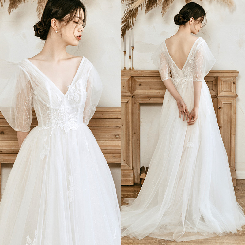 Original Designer Brand Elegant French V Neck Sleeved Small Tail Bride Outdoor Lawn Travel Photography Light Wedding Dress