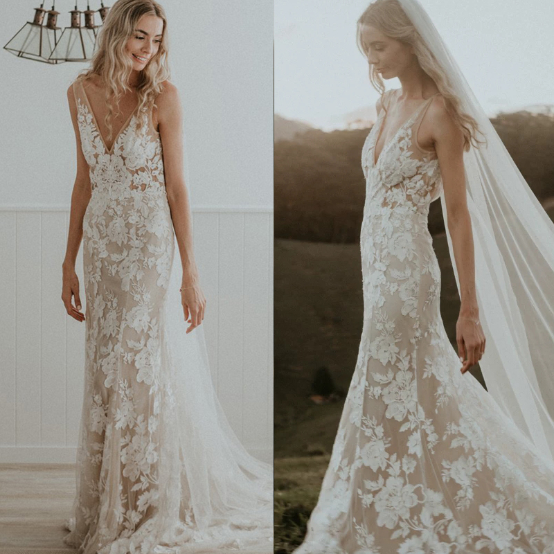 Original Design Brand Simple Light Wedding Dress with Long Train, Bohemian Slim Fit, Sexy V-Neck Lace, Suitable for Ceremony and Travel Photography