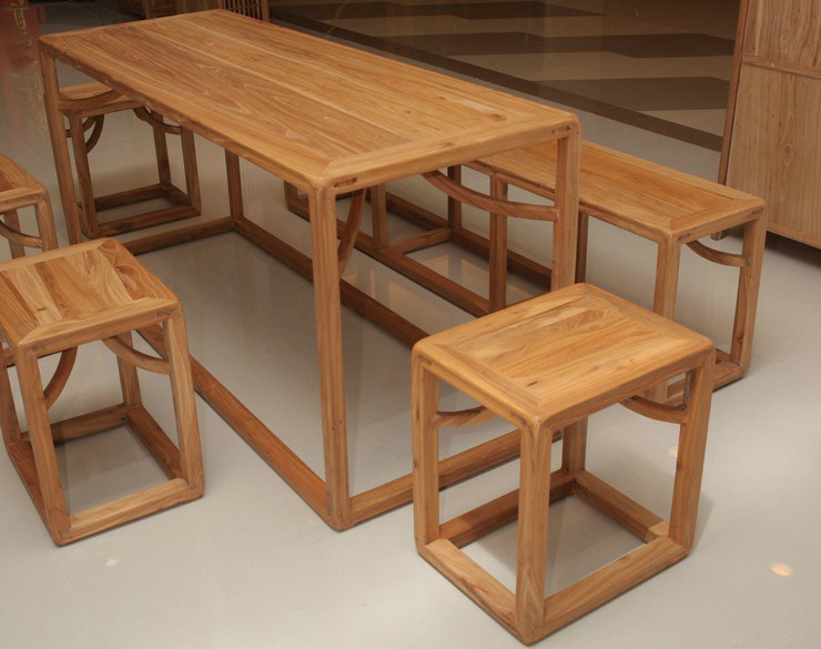 Chinese elm wood furniture free of paint log natural color dining table and chairs solid wood 6 people table stool combination can be customized