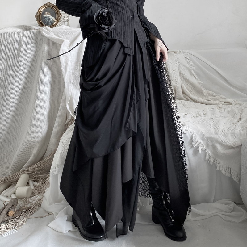 Dark Style Heavy-Duty Beggar-Style Multi-Layered Fabric Patchwork Irregular Hem Multi-Layered Skirt with Mesh