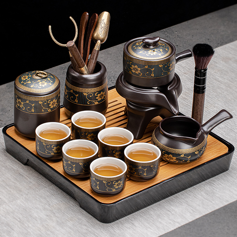 Lazy Tea Set for Home Use, Anti-Scalding Teapot, Ceramic Kung Fu Tea Cups, Stone Grinding Semi-Automatic Tea Brewing Gadget