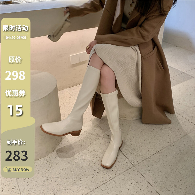 No two orange autumn winter new long cylinder elastic thin skinny boots though knee-length boots white coarse heel high cylinder boot riding boots