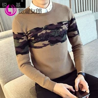 Tóc nam nam áo len giả hai mảnh áo cổ áo thêu ngụy trang áo len cashmere lạc đà người xã hội tinh thần chàng sửa chữa - Áo len Cashmere ao da nam