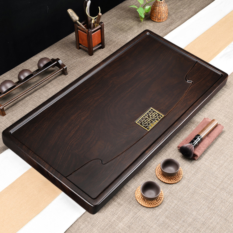 Black sandalwood solid wood tea tray Home New minimalist Large number drain style office imitated whole log tray Tea table-Taobao