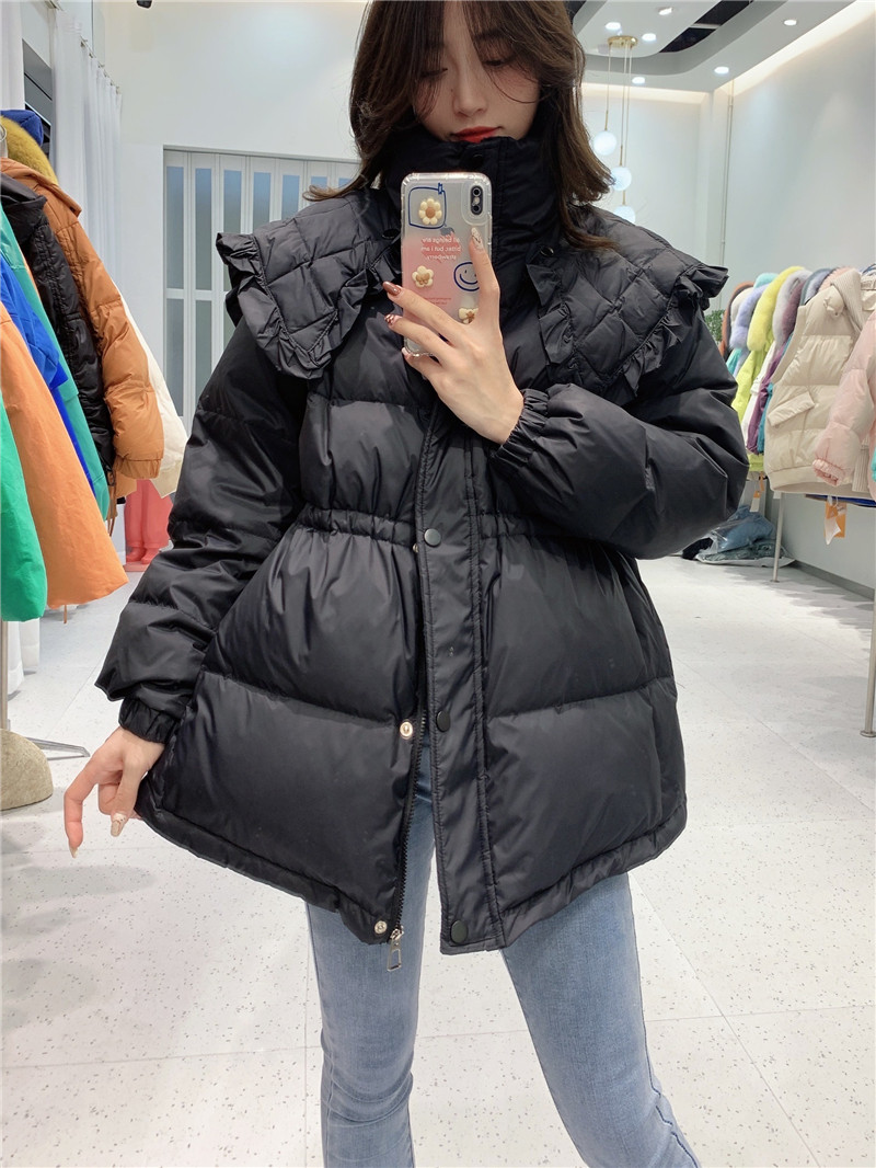 2022 Winter Clothing Doll Collar Down Jacket Women's Mid-length Drawstring Waist College Style Navy Collar White Duck Down Jacket Trendy