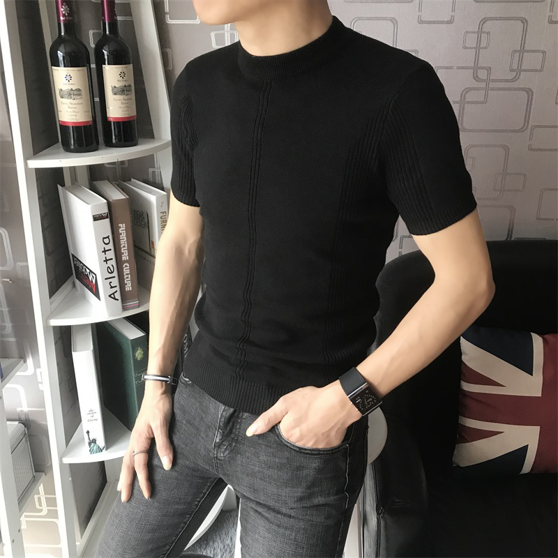 Summer Ice Silk round neck short sleeve T-shirt men's middle turtleneck sweater autumn winter solid color half sleeve slim base shirt tide