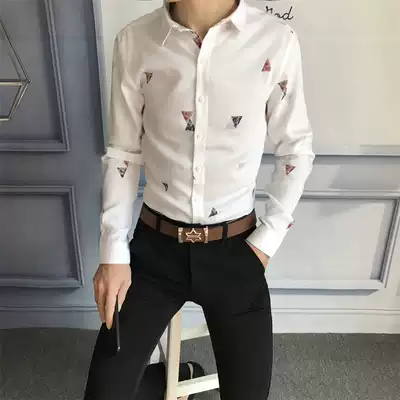Four Seasons Korean slim shirt men's long sleeve print no ironing young hair stylist fashion personality flower shirt tide man