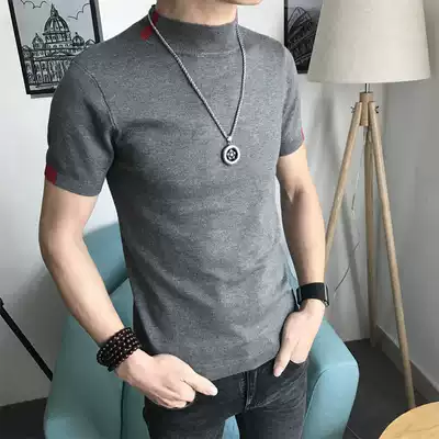Spring and Autumn New Slim Gangfeng Men's High Neck Half Sleeve Sweater T-shirt Joker Short Sleeve base shirt Hygiene Tide
