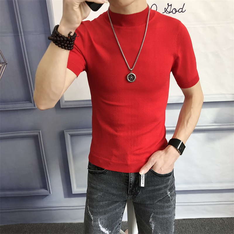 Mùa hè băng lụa ngắn tay t-shirt nam cao cổ mỏng phần mỏng đan áo len Hồng Kông gió nửa tay áo đáy áo