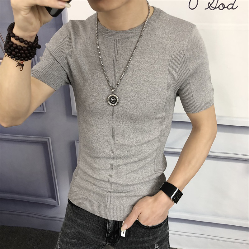 Mùa hè băng lụa mỏng vòng cổ ngắn tay t-shirt nam cao cổ áo len nửa tay Mỏng mùa xuân và mùa thu đan áo len triều