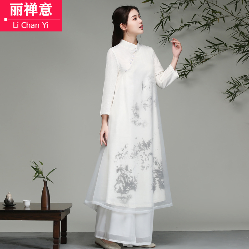 Chinese-Style Retro Ink Painting Zen Artistic Zen Clothing for Women, Fairy-Like Autumn and Winter Tea Clothing, Hanfu, Chinese-Style Guzheng Performance Clothing
