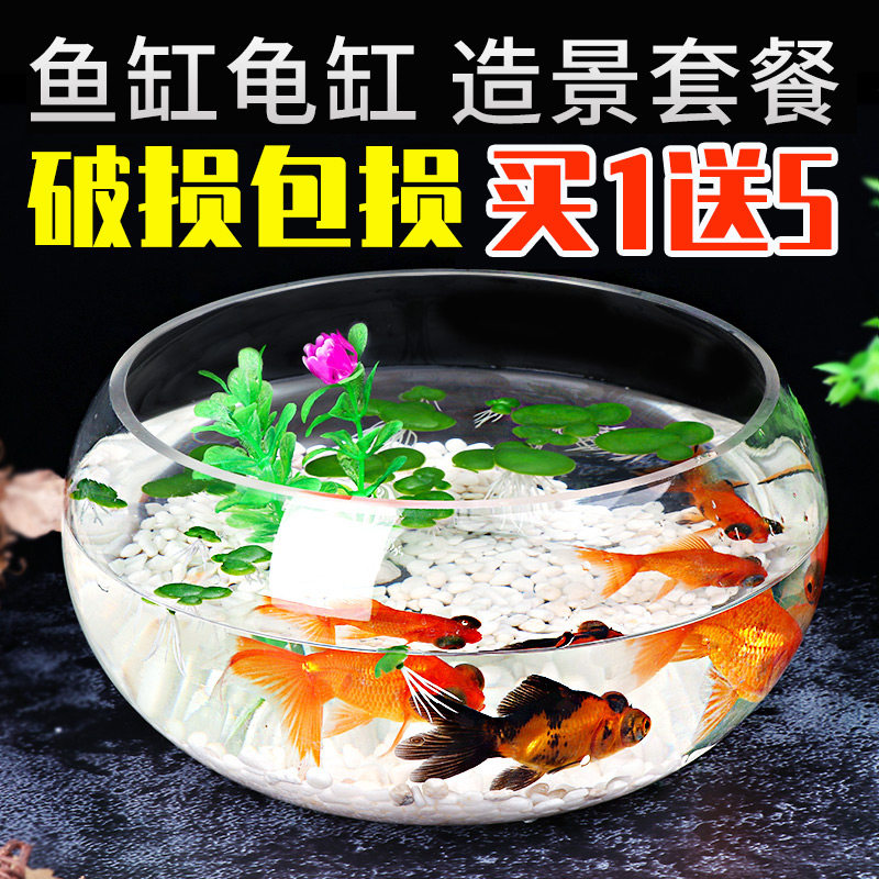 Glass round goldfish tank Small desk Living room household transparent turtle tank Aquarium landscape