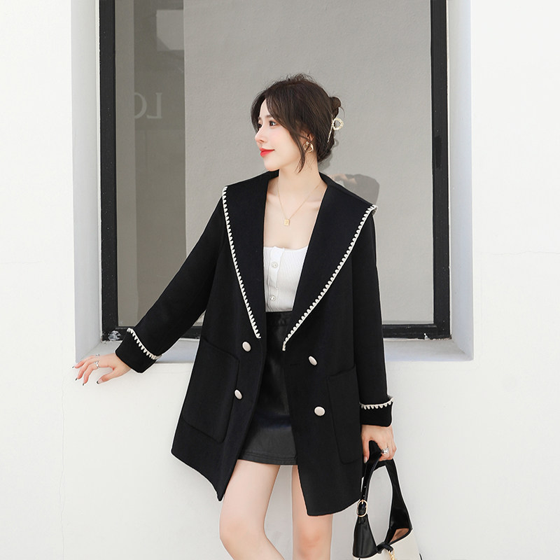 Double face cashmere big coat woman short 2021 new high-end black small sub minus 100 pure wool jacket