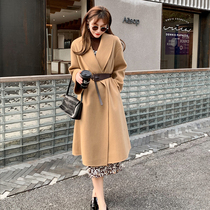 2021 new autumn and winter high-end knee double-sided cashmere coat womens long temperament lace slim wool jacket