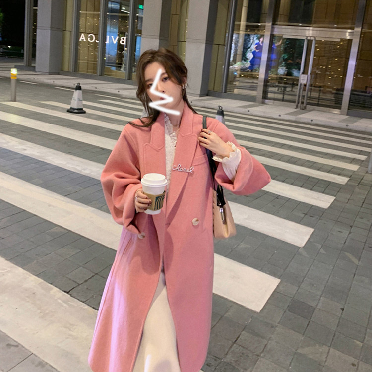 New Dongdaemun off-season double-sided cashmere coat women's mid-length version loose high-end pink 2021 new double-sided wool
