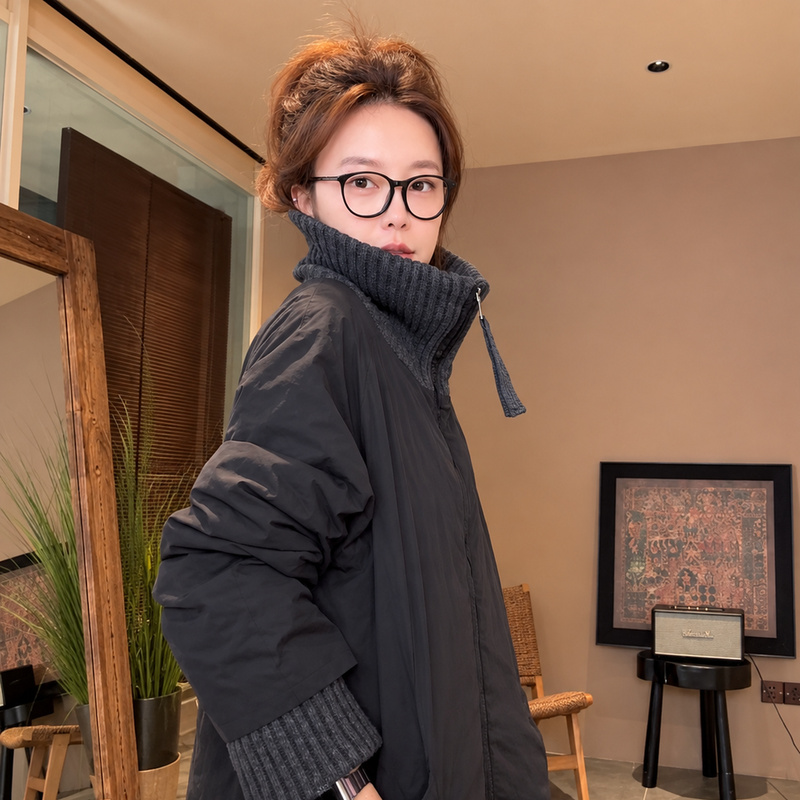 Knitted Patchwork High-Neck Long Windproof Warm Coat Cotton Jacket for Women W7145