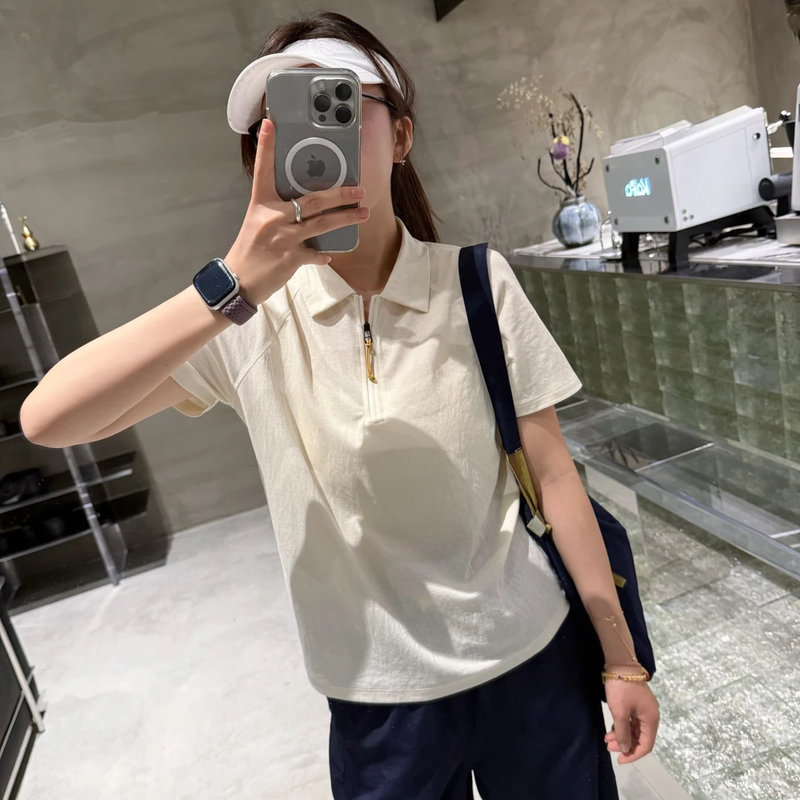 【Sister Xiaoyu】Urban Commuting Casual Half-Zip Lapel Summer Breathable Short-Sleeve Polo Shirt for Women T8556 【Sister Xiaoyu】Urban Commuting Casual Half-Zip Lapel Summer Breathable Short-Sleeve Polo Shirt for Women T8556