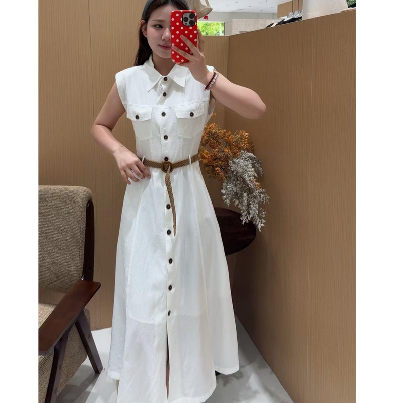 Linen Sleeveless Lapel Shirt Dress for Women 2026 Summer White Waist-Cinching Slimming Elegant Commuter Mid-Length Dress