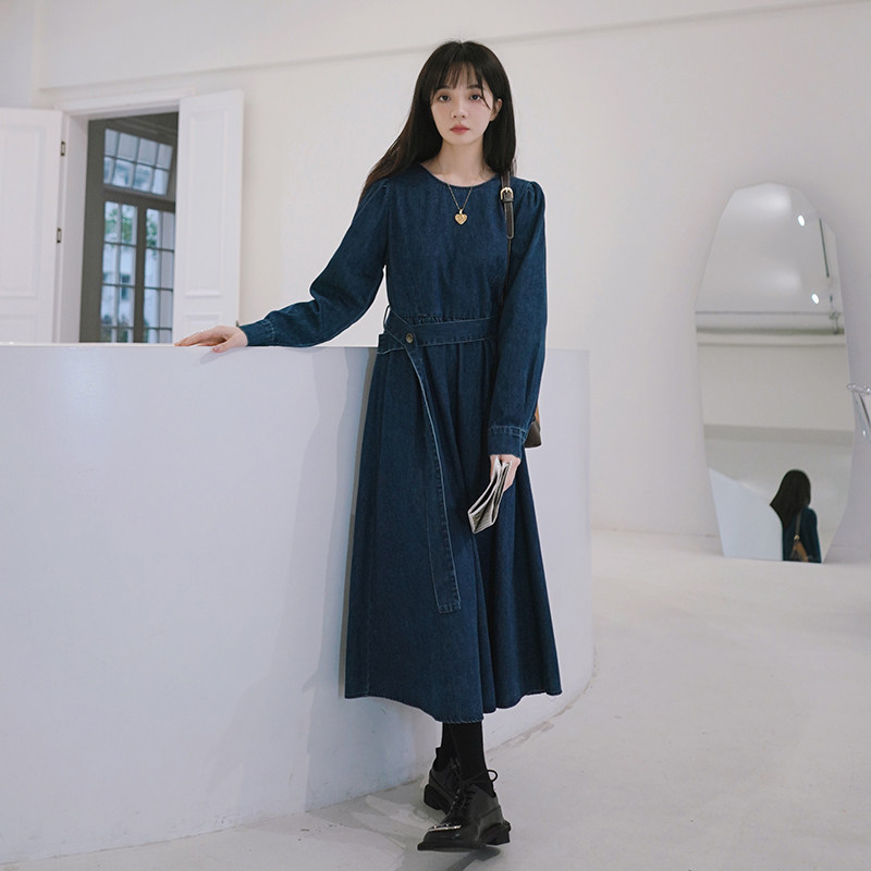 Denim waist slim dress spring 2022 new long skirt A-line skirt pullover long sleeve design is small