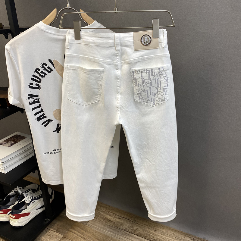 2026 Summer New Men's Denim Cropped Skinny Pants, Thin Trendy Versatile Rhinestone Slim Fit Stretchy Drop-Crotch Pants