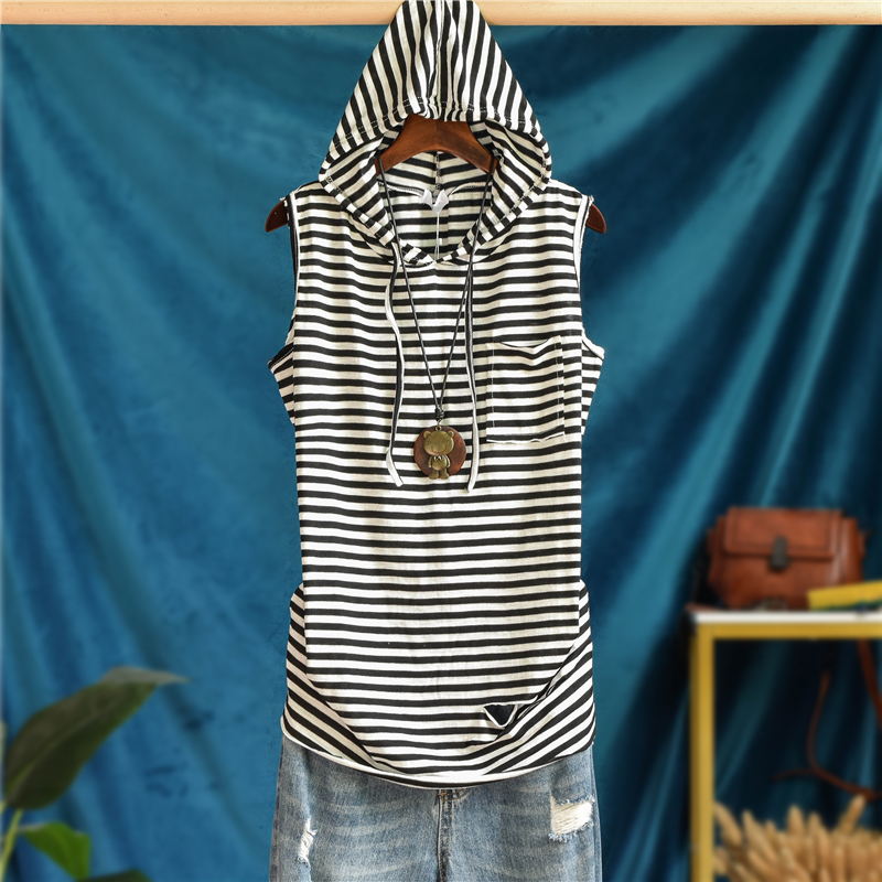 Striped Mid-Length Hooded Vest for Women, Loose Fit, Plus Size, Distressed, Slub Cotton, Autumn and Winter Sleeveless Base Layer Hoodie