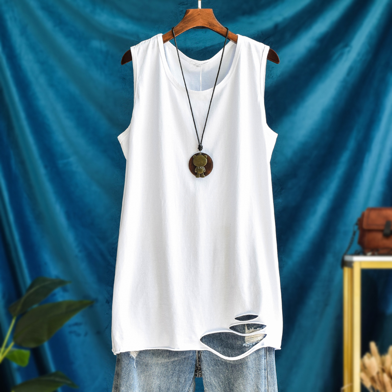 Pure Cotton Loose White Mid-Length Ripped Tank Top for Women, Layered Sleeveless Camisole for Spring and Autumn Pure Cotton Loose White Mid-Length Ripped Tank Top for Women, Layered Sleeveless Camisole for Spring and Autumn