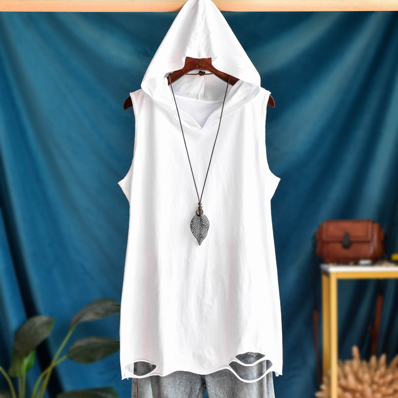 Mid-Length Sweatshirt Layered with a Hooded Vest for Women, Loose Fit, Pure Cotton, Distressed Sleeveless Undershirt, Trendy Camisole