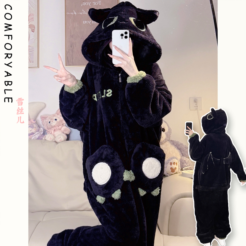 Couple's Matching Onesie Pajamas for Women and Men, Autumn and Winter Coral Fleece Cute Toothless Dinosaur Hooded Thickened Loungewear Couple's Matching Onesie Pajamas for Women and Men, Autumn and Winter Coral Fleece Cute Toothless Dinosaur Hooded Thickened Loungewear