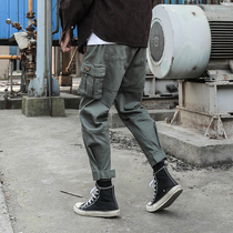 LMTNZD overalls mens autumn multi-pocket Korean trend tie pants loose casual pants small feet pants