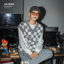 XXTOO sweater mens 2022 spring autumn new 100 hitch-loose chessboard grid-knitted sweatshirt horse-head long sleeve blouse