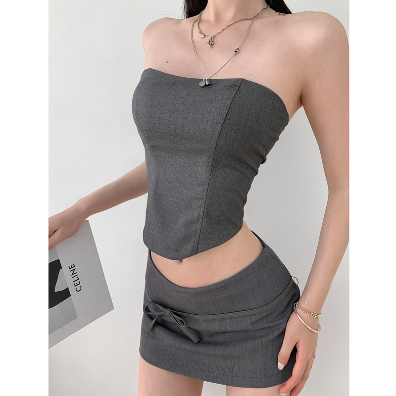 European and American Style Sexy Slim-Fit Fishbone Tube Top for Women, Summer Short Style, Revealing Waist and Collarbone, Sleeveless Base Top