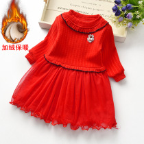 Girls  red velvet dress Winter bottoming warm childrens thickened princess skirt winter skirt super western Korean version