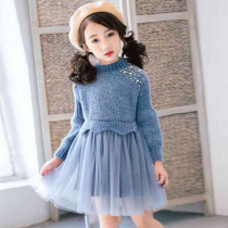 Girls sweater skirt Western princess spring and autumn wool skirt new knitted long-sleeved childrens skirt dress Korean version