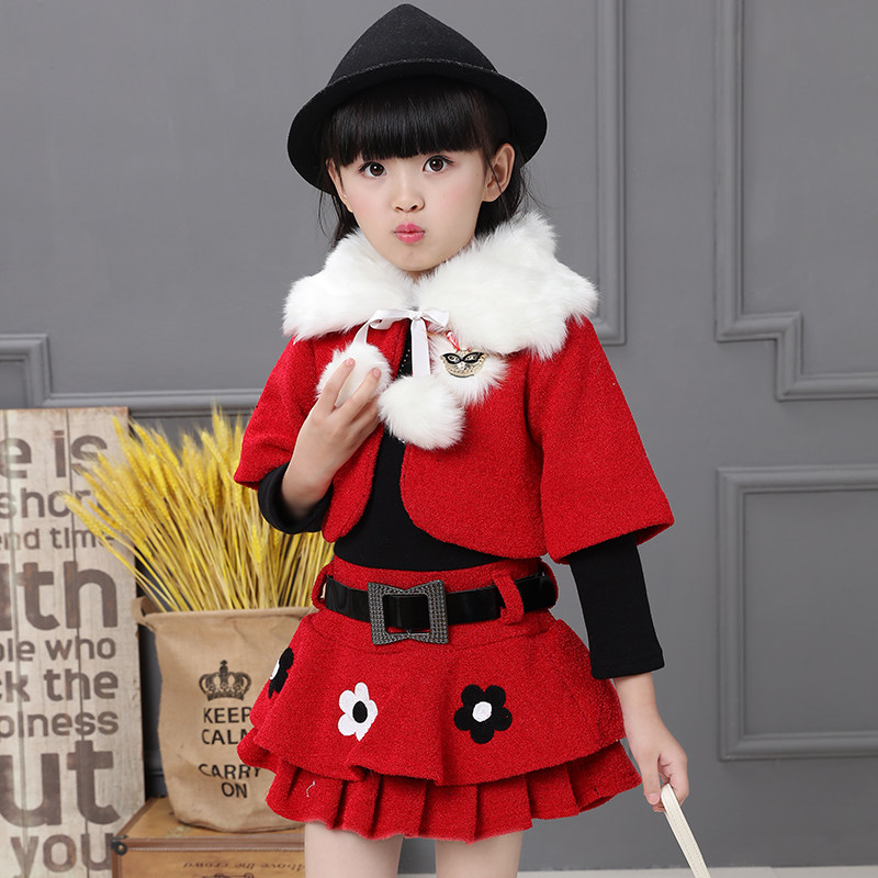 Girls suit winter plus velvet padded new autumn and winter wool foreign style children's small fragrance two-piece dress