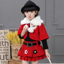 Girls  suit winter plus velvet thickening new autumn and winter wool Western style childrens small fragrance dress two-piece skirt