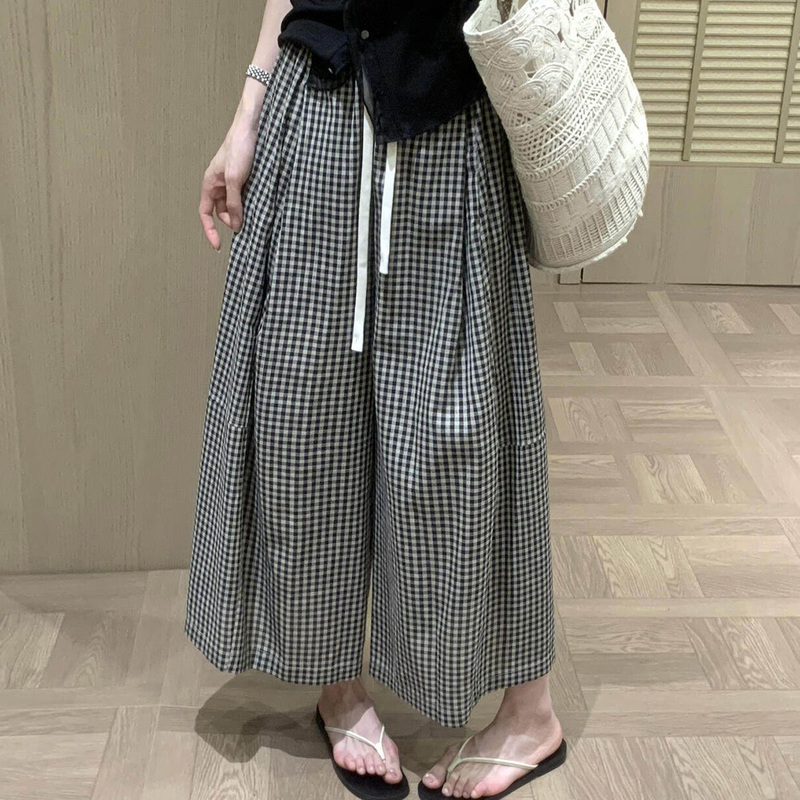 Linen Plaid Casual Pants for Women, Summer Loose Straight Wide-Leg Pants, Thin Drapey Cropped Pants for Petite Figures, Yamamoto Style