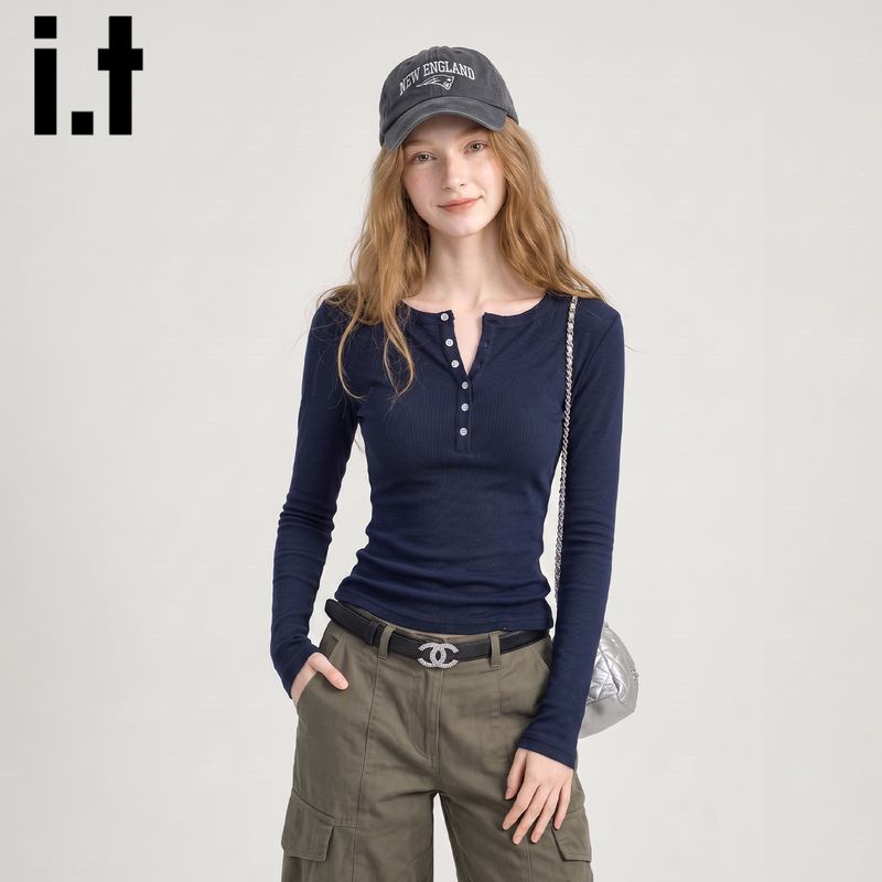It:Chocoolate Navy Blue Wool Long-Sleeve T-Shirt for Women 2026 New Autumn Slim-Fit Henry Collar Base Shirt It:Chocoolate Navy Blue Wool Long-Sleeve T-Shirt for Women 2026 New Autumn Slim-Fit Henry Collar Base Shirt