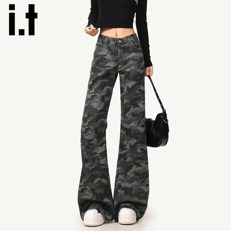 It:Chocoolate Camouflage Flared Jeans for Women, New Spring/Summer American Style Low-Waisted Non-Tight Horse Hoof Pants