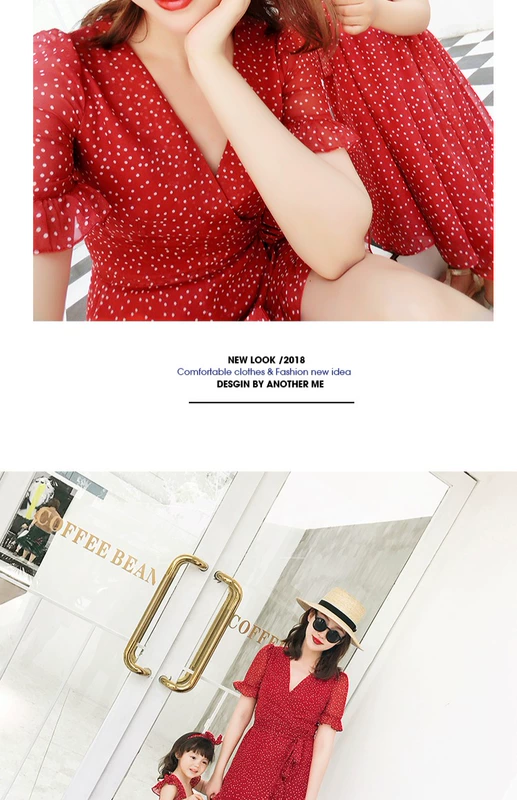 AM Sauce Mom [Gửi đai] Mùa hè Mẹ mới Thời trang Phụ nữ phù hợp với gia đình Retro Wind Red Dot Dress kinh doanh quần áo trẻ em