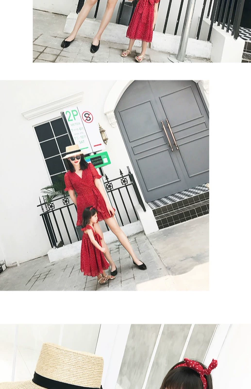 AM Sauce Mom [Gửi đai] Mùa hè Mẹ mới Thời trang Phụ nữ phù hợp với gia đình Retro Wind Red Dot Dress kinh doanh quần áo trẻ em