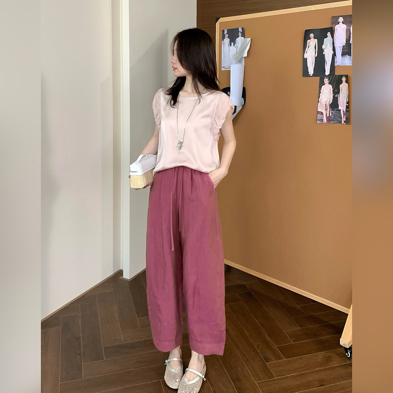 Qiu Yingying's 93% Mulberry Silk Fashionable Versatile Hollow Lace Ruffle Small Flutter Sleeve Round Neck Shirt