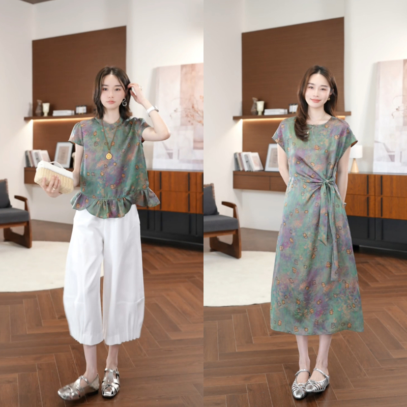Qiu Yingying Original - "Purple Orchid Cute Elephant" Red Cloud Silk 100% Mulberry Silk 28mm 2026 Summer Short-Sleeved Dress