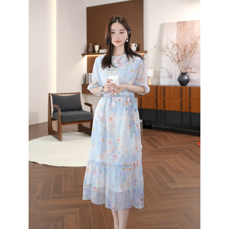 Qiu Yingying Hela Aomi "Monet's Water Lilies" 100% Mulberry Silk Printed Patchwork Skirt Dress
