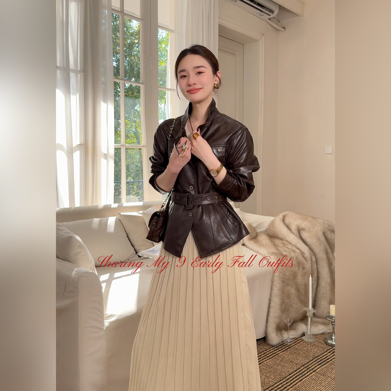 Qiu Yingying's Imported from Nigeria, Lambskin First-Layer Sheepskin Belt, Waist-Cinching Matte Leather Jacket Qiu Yingying's Imported from Nigeria, Lambskin First-Layer Sheepskin Belt, Waist-Cinching Matte Leather Jacket