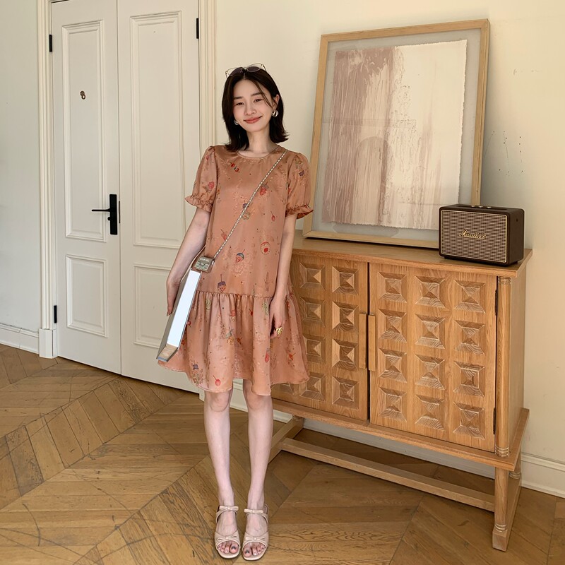Qiu Yingying Original - "Ice Cream Red Cloud Yarn" 100% Mulberry Silk 28mm Printed Patchwork Short-Sleeved Dress Qiu Yingying Original - "Ice Cream Red Cloud Yarn" 100% Mulberry Silk 28mm Printed Patchwork Short-Sleeved Dress