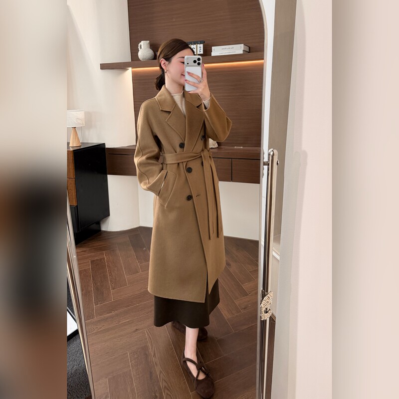 Qiu Yingying's Original Single-Piece Pure Cashmere Coat, Double-Breasted Suit Collar, Belted Waist, Elegant Woolen Coat for Women