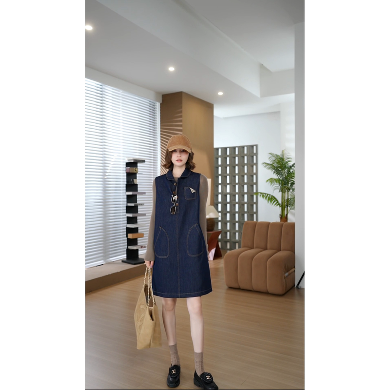 Qiu Yingying "Plaid Denim Skirt" Lyocell Doll Collar Half-Open Buttoned 2026A Sleeveless Elegant Dress