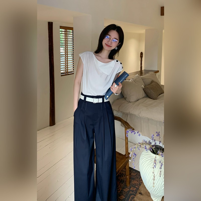 Qiu Yingying "Color-Contrasting Visible-Stitch Pants" Mulberry Silk Twill Woven Double-Pleated Solid Color Summer Straight Wide-Leg Casual Pants